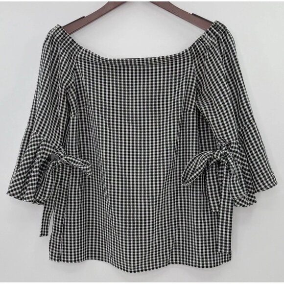 H&M‎ Check Off The Shoulder Black & White Flutter Tie Sleeve Blouse Sz  8 Preppy - Picture 1 of 9